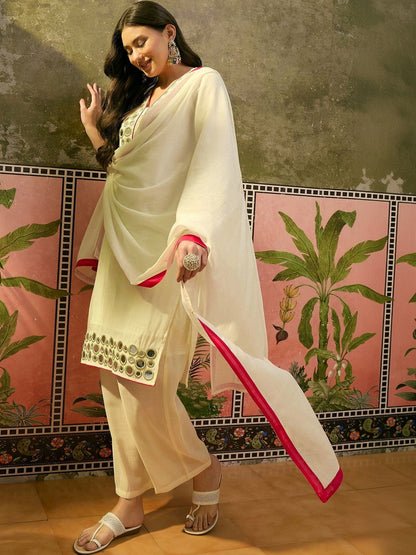 Women Embroidered Regular Mirror Work Kurta with Trousers & With Dupatta