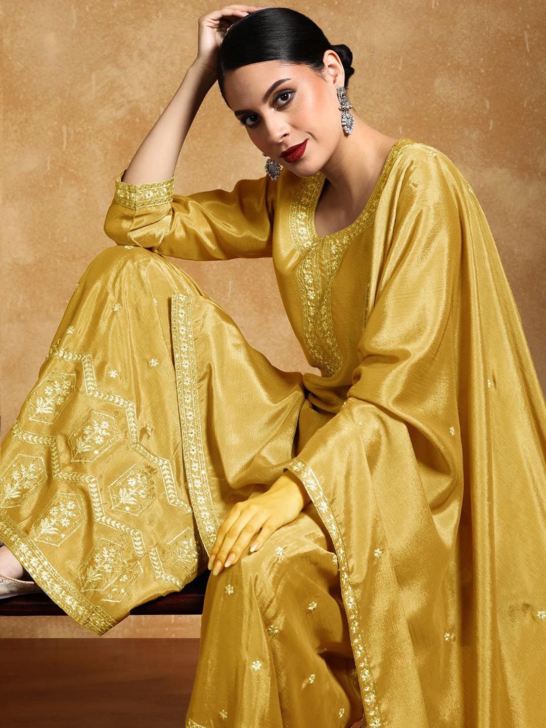 Dhiyona VA Ethnic Motifs Embroidered Beads and Stones Silk Crepe Kurta With Sharara & Dupatta