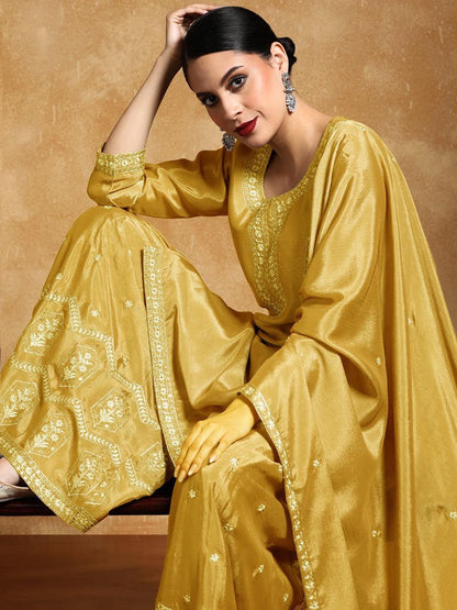 Dhiyona VA Ethnic Motifs Embroidered Beads and Stones Silk Crepe Kurta With Sharara & Dupatta