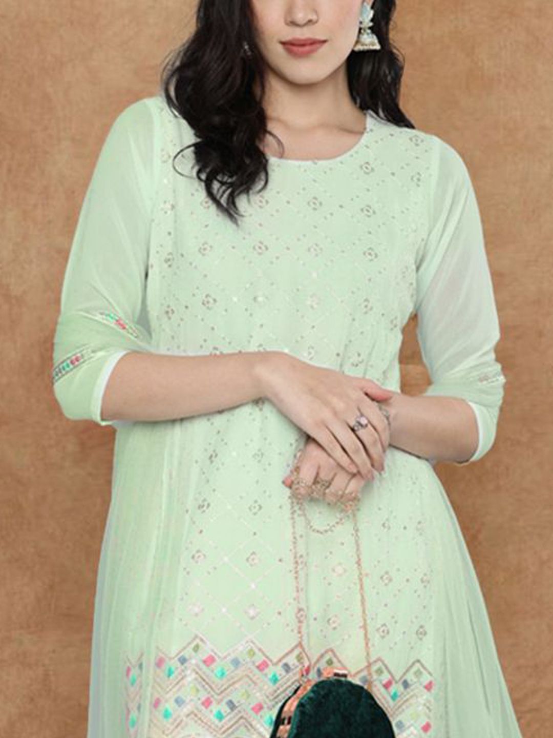 Dhiyona SN Women Sequin Embroidered Tassel-Detail Straight Kurta & Sharara With Dupatta
