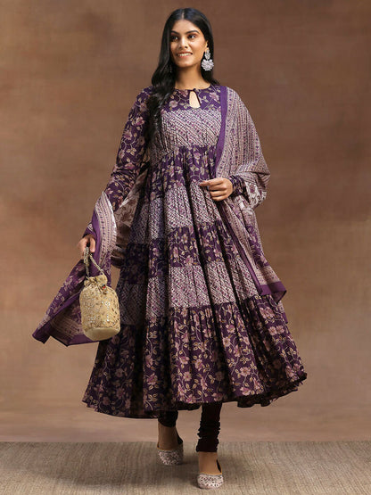 Women's LB Purple Printed Cotton A-Line Kurta With Churidar & Dupatta