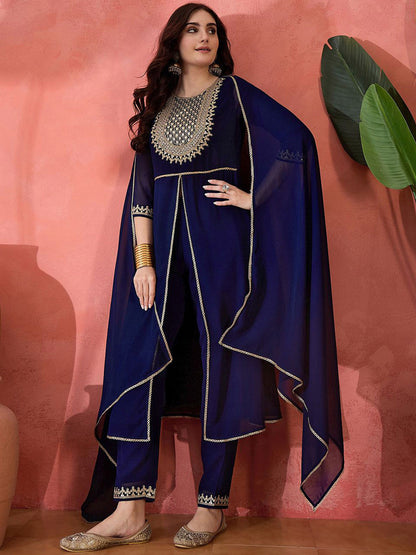 Zari Sequence Cording Embroidered Front Slit Kurta With Trousers & Dupatta