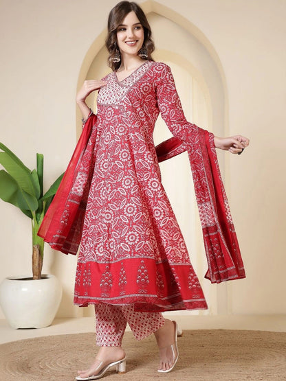 Women Ethnic Motifs Printed Empire Sequinned Pure Cotton Kurta with Trousers & With Dupatta