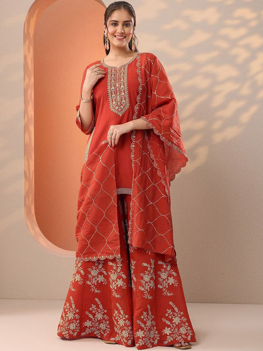 Dhiyona LL Ethnic Motifs Embroidered Straight Kurta With Sharara & Dupatta