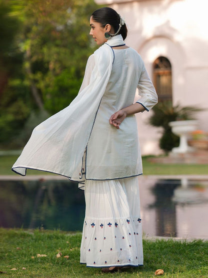 Dhiyona SC Women Embroidered Thread Work Pure Cotton Kurti with Sharara & With Dupatta