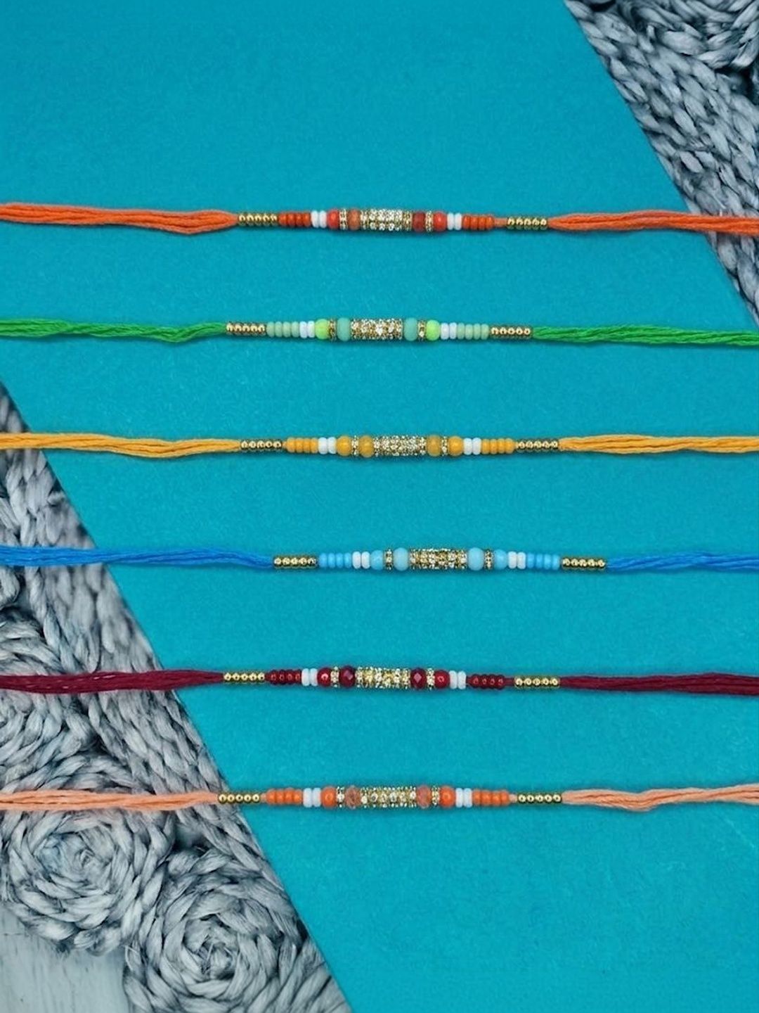 Dhiyona Set Of 6 Multi Artificial Beads Thread Rakhi With Roli Chawal Chandan Mishri