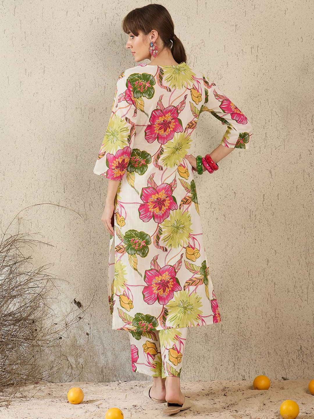 Dhiyona IE Women Printed V-Neck Cotton Top and Trousers Co-Ords