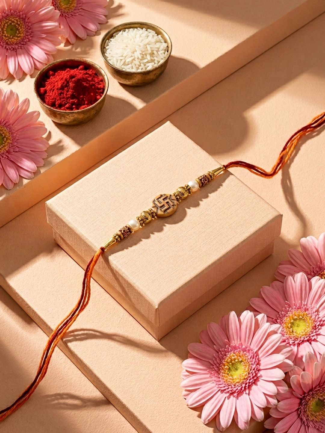 Dhiyona Set Of 10 Artificial Stones & Beads Thread Rakhi With Roli Chawal Chandan Mishri