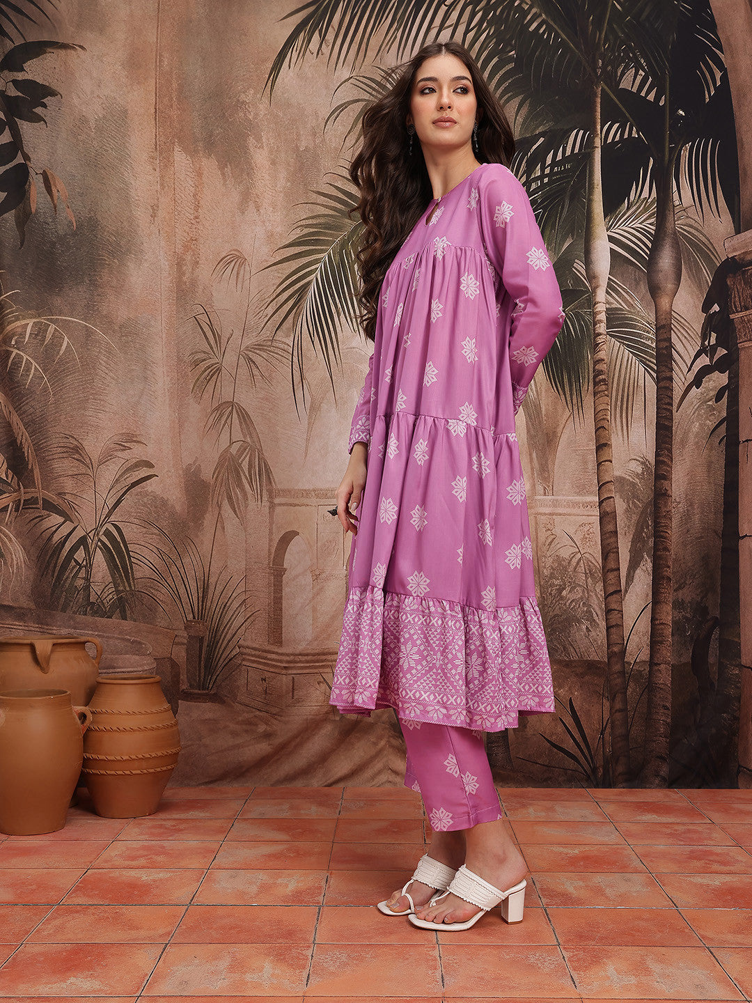 Ethnic Motif Printed Tiered Pleated Anarkali Kurta with Trouser