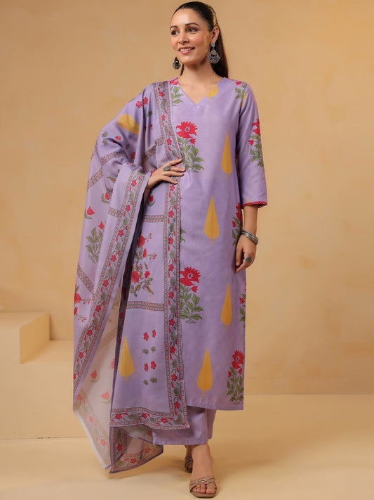 Dhiyona KL Women's Plus Size Lavender Rayon Blend Printed Straight Kurta Set With Dupatta