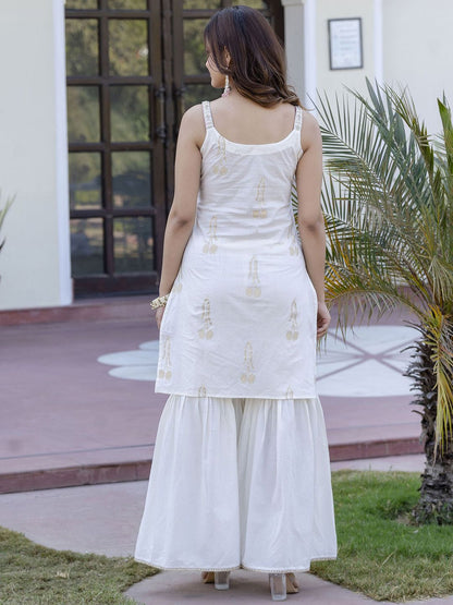 Dhiyona AN White Floral Printed Gotta Patti Pure Cotton Kurta With Sharara And Dupatta