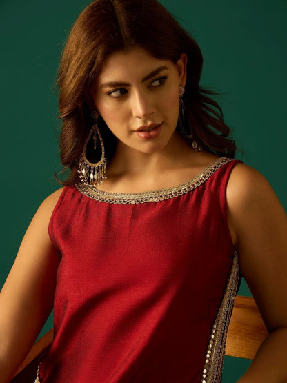 Red Women Regular Sequinned Kurta with Trousers