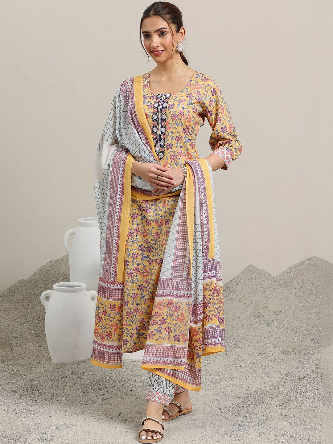 Women Floral Printed Regular Sequinned Pure Cotton Kurta with Salwar & With Dupatta