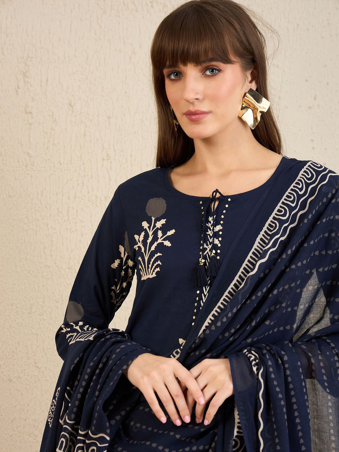 Floral Printed Pure Cotton Straight Kurta With Trousers & Dupatta