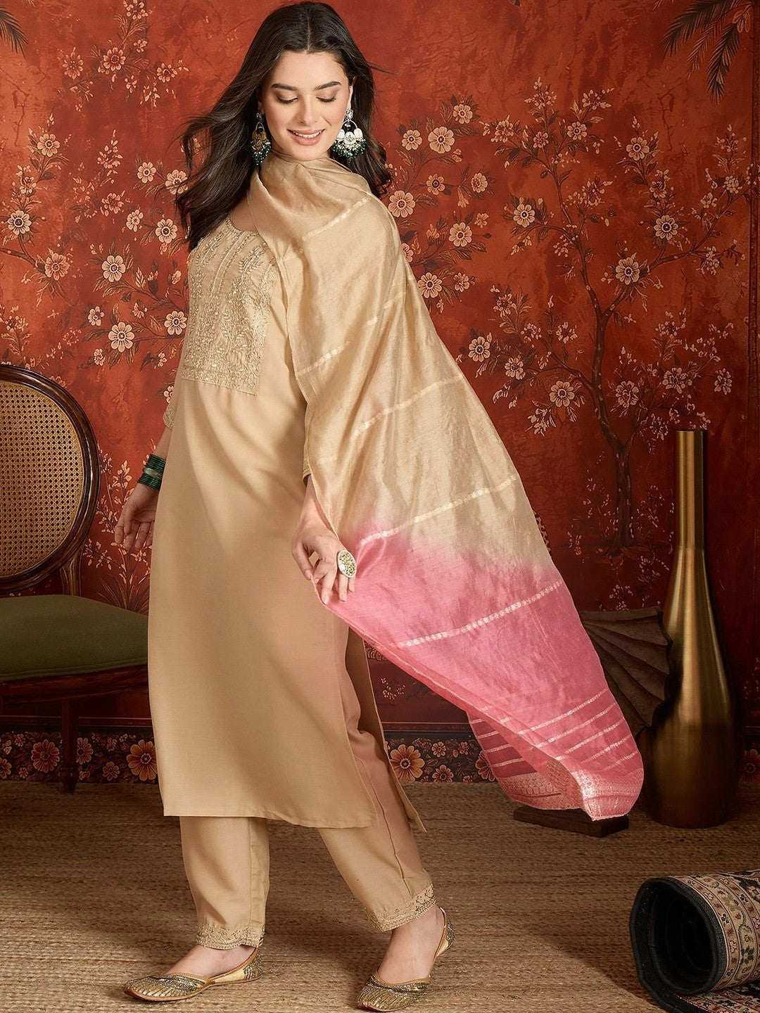 Women Ethnic Motifs Embroidered Regular Sequinned Kurta with Trousers & With Dupatta