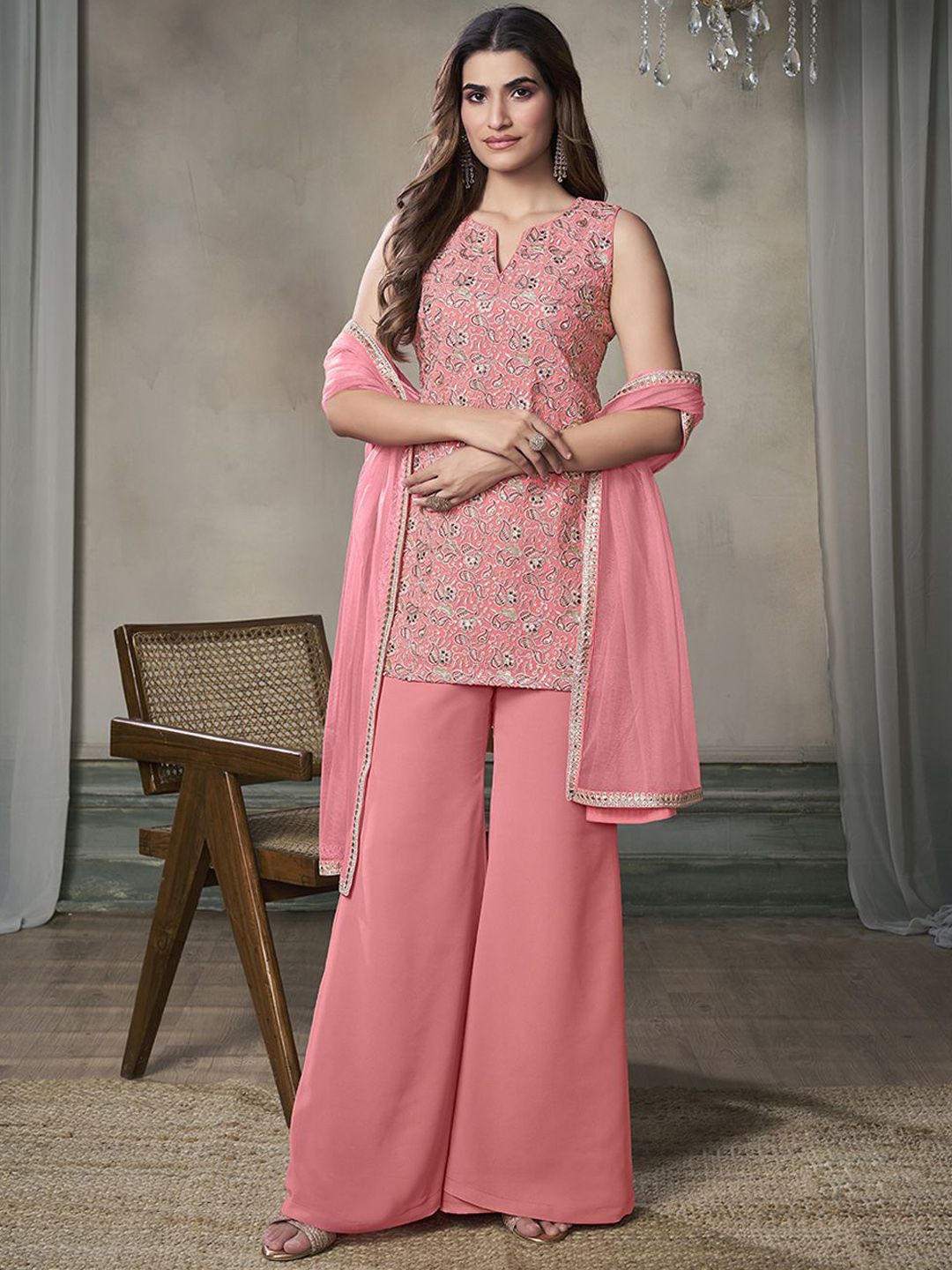 Dhiyona IN Paisley Embroidered Notch Neck Georgette Straight Kurta & Sharara with Dupatta