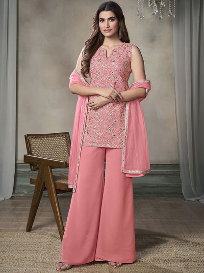 Dhiyona IN Paisley Embroidered Notch Neck Georgette Straight Kurta & Sharara with Dupatta