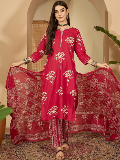 Printed Pure Cotton Round Neck Kurta & Trousers Kurta Set