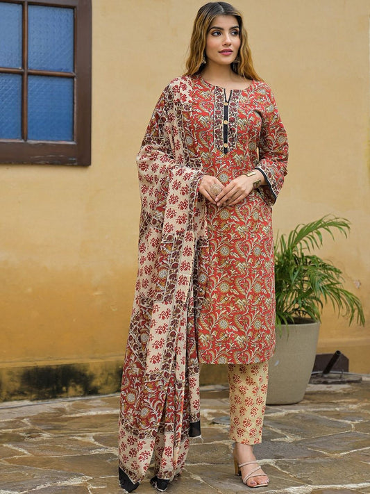Dhiyona KL Floral Printed Round Neck Pure Cotton Kurta with Trousers & Dupatta