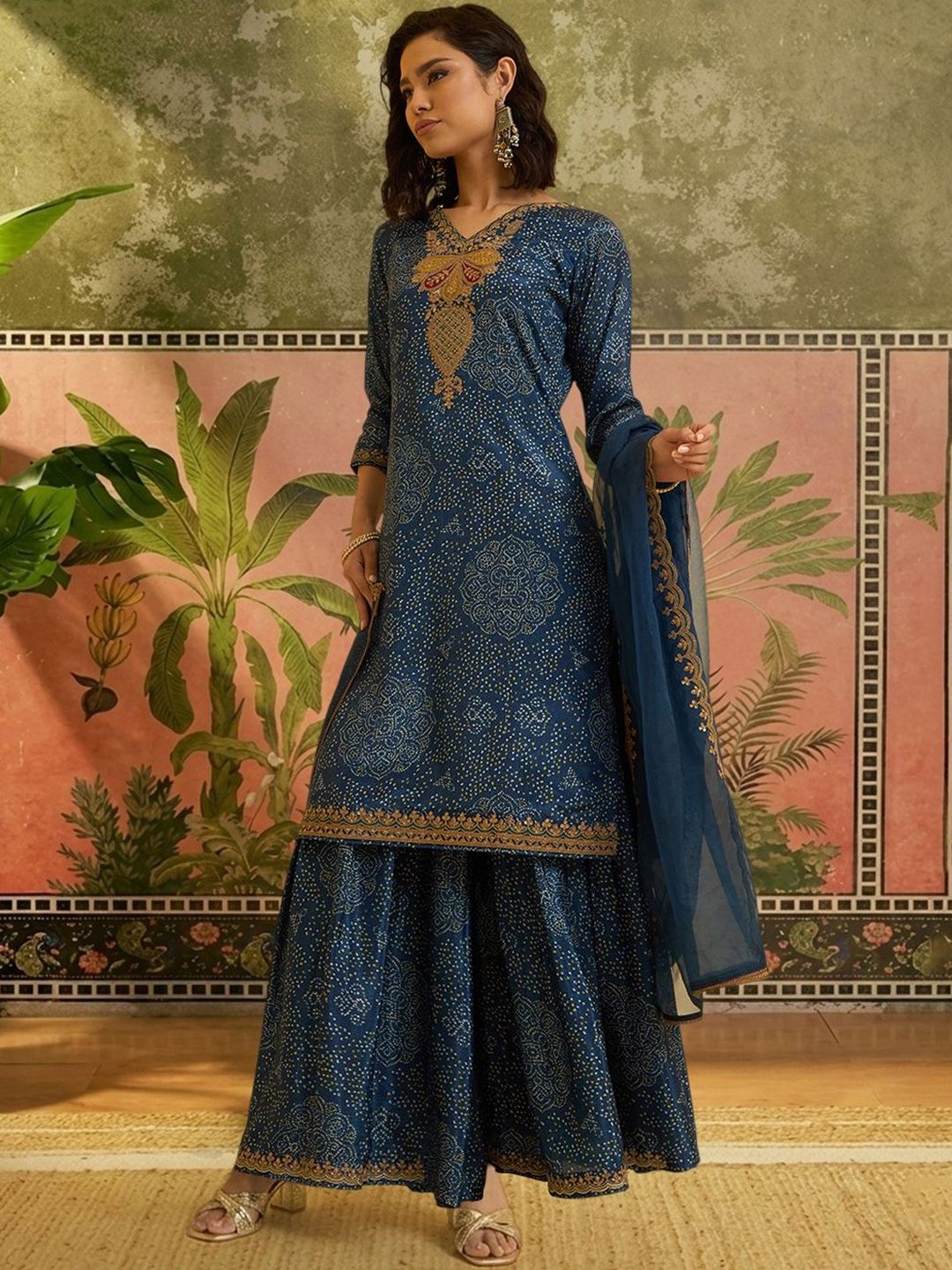 Dhiyona SN Embroidered V-Neck Kurta & Sharara With Dupatta