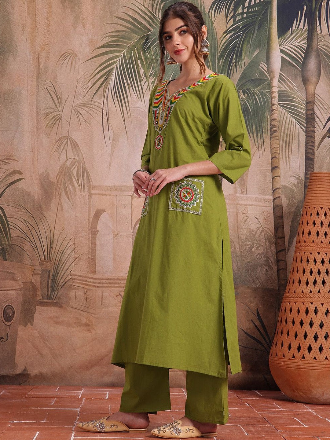 Embroidered Cotton Round Neck Kurta & Trousers