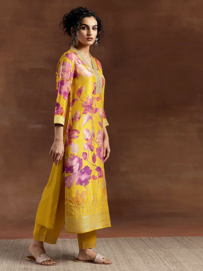 Women's LB Mustard Printed Silk Blend Straight Suit With Dupatta