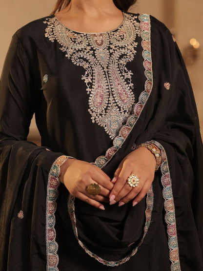 Women Paisley Embroidered Regular Sequinned Straight Kurta with Palazzos &Dupatta