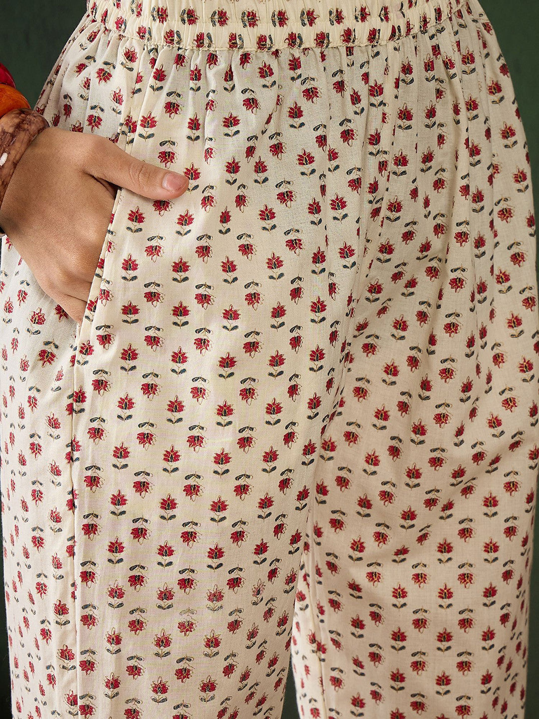 Floral Printed Mirror Work Pure Cotton Kurta & Trousers With Dupatta