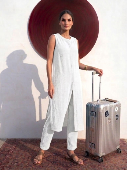 Dhiyona ST Swtantra White Easy Addictive Travel Airflow Sleeveless Kurta and Pant Set