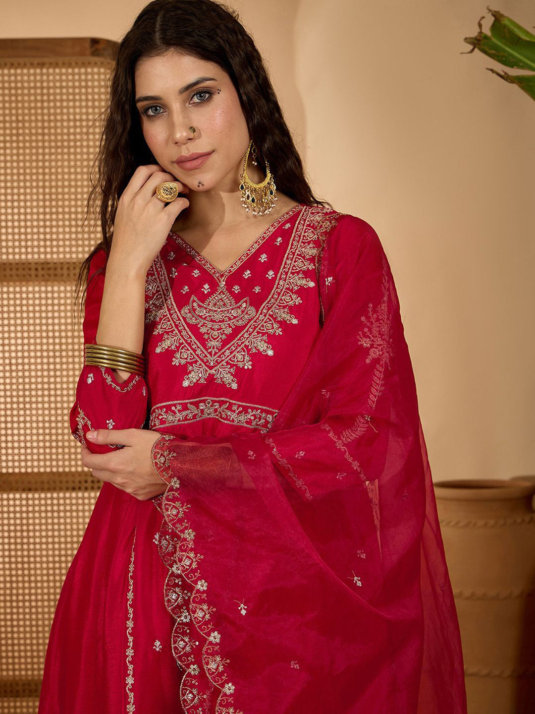 Women Zari Sequence Embroidered A-Line Kurta & Trousers With Dupatta