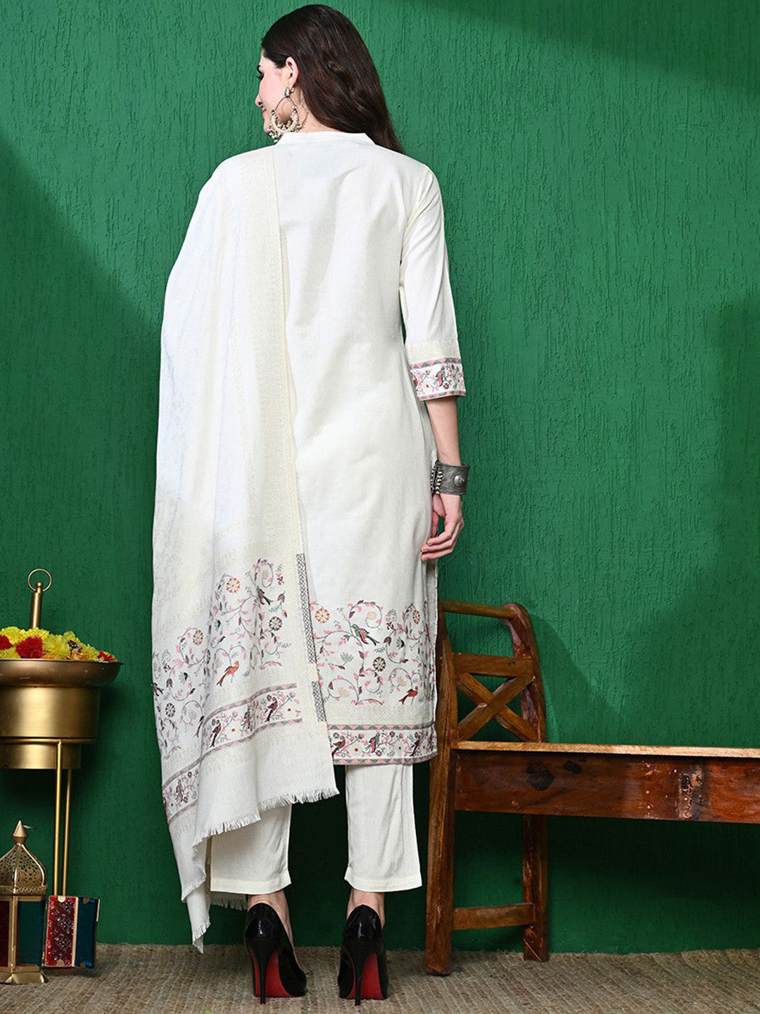Floral Woven Design Winter Pashmina Kurta & Trouser With Dupatta