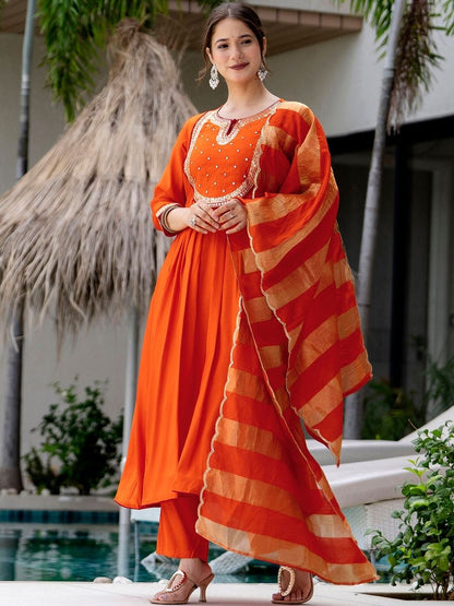 Dhiyona KL Women Embroidered Chanderi Silk Kurta with Trousers & Dupatta