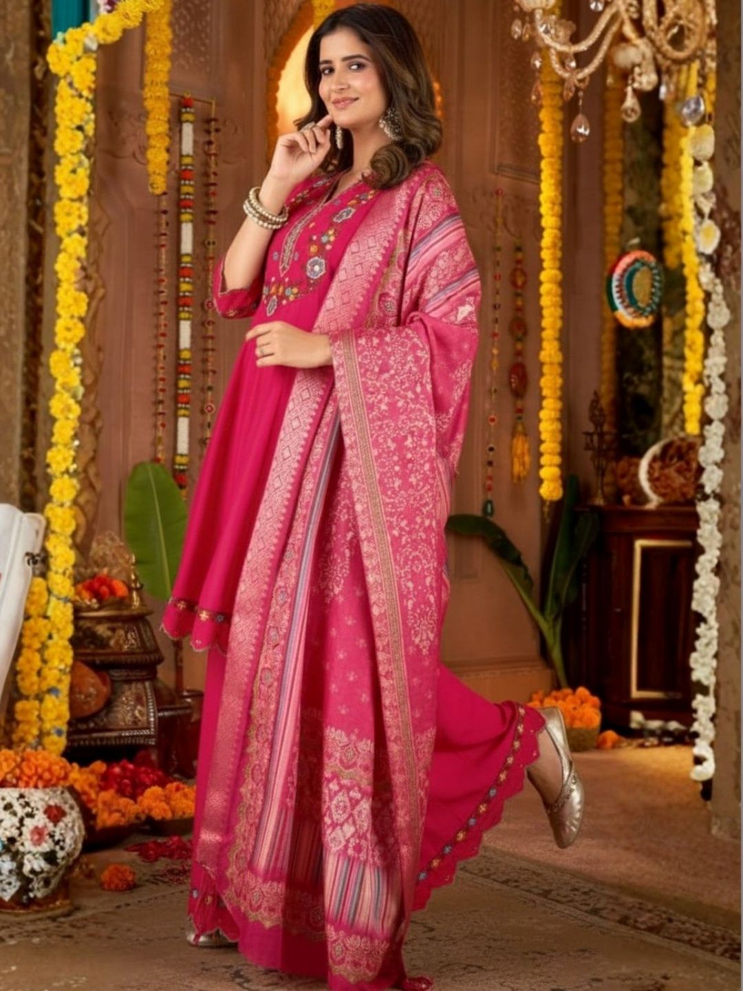 Dhiyona KL Women Ethnic Motifs Embroidered Tiered Thread Work Pure Silk Kurta with Palazzos & With Dupatta