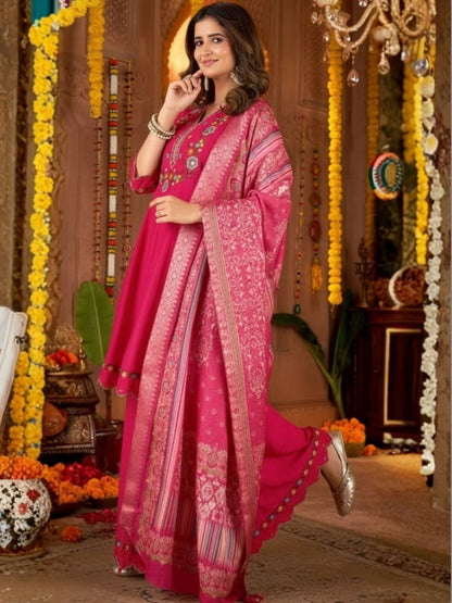 Dhiyona KL Women Ethnic Motifs Embroidered Tiered Thread Work Pure Silk Kurta with Palazzos & With Dupatta