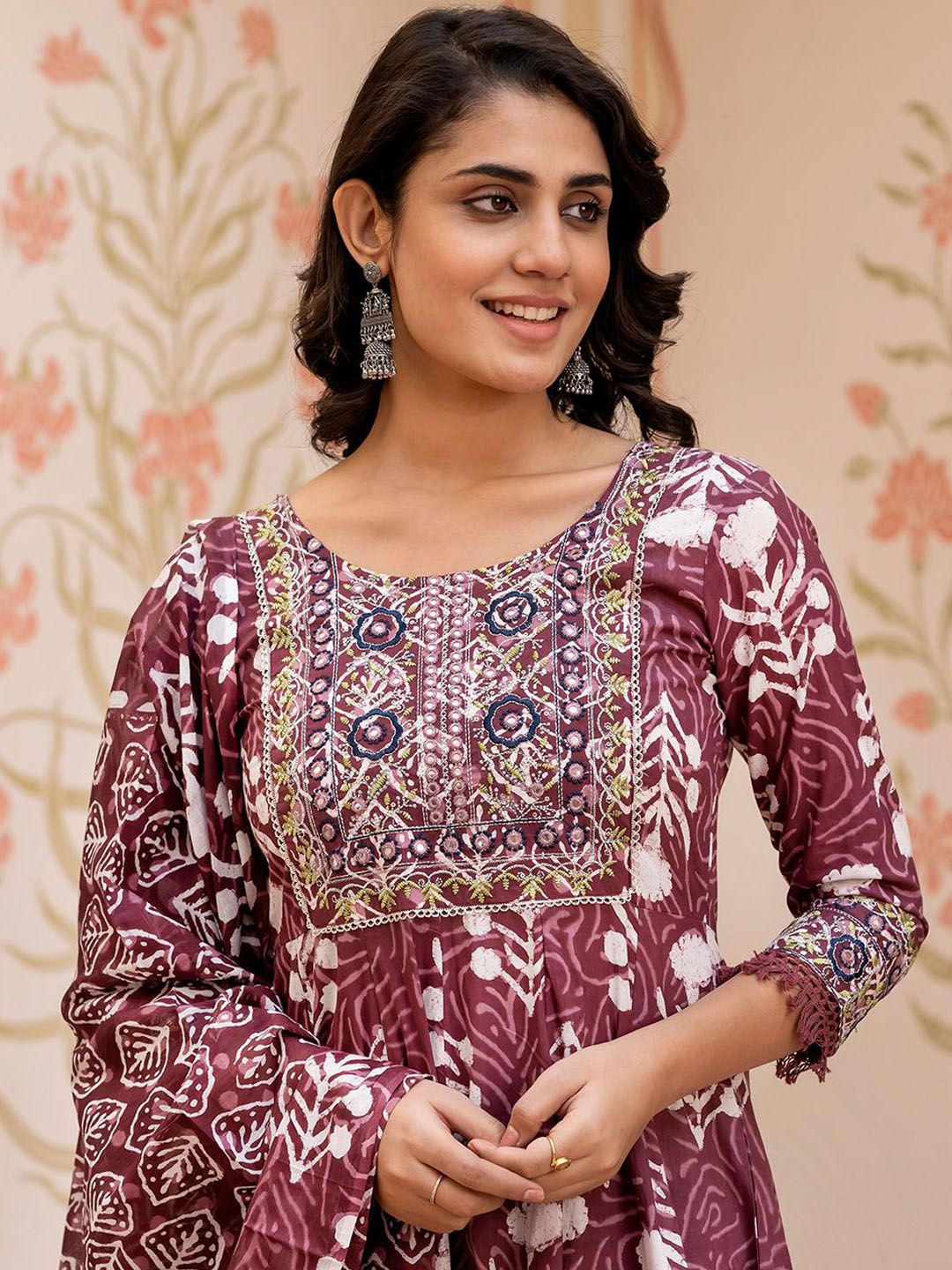 Dhiyona KL Floral Printed Mirror Work Pure Cotton Anarkali Kurta With Trouser & Dupatta