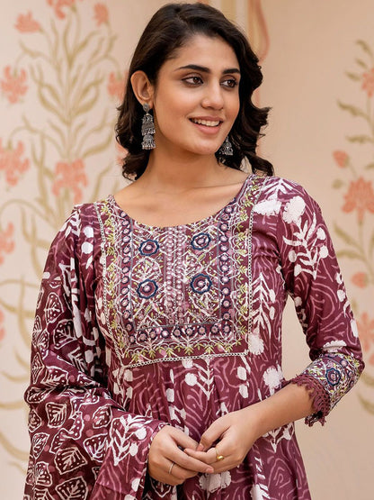 Dhiyona KL Floral Printed Mirror Work Pure Cotton Anarkali Kurta With Trouser & Dupatta