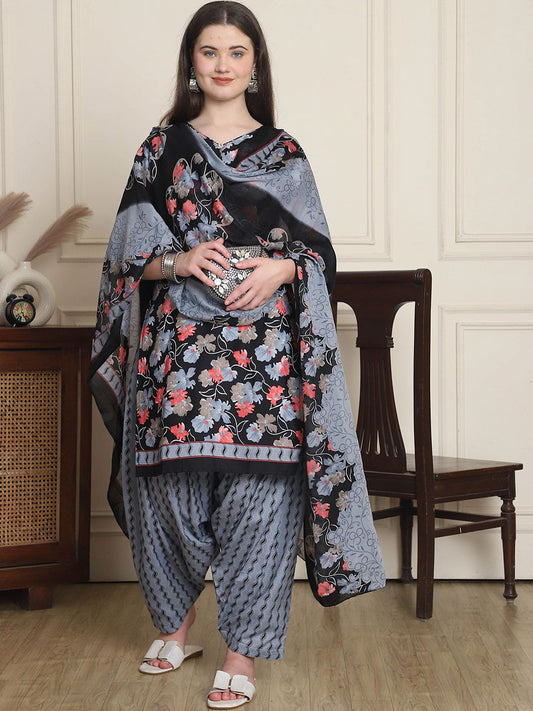 Dhiyona KL Floral Printed V-Neck Straight Kurta With Patiala & Dupatta