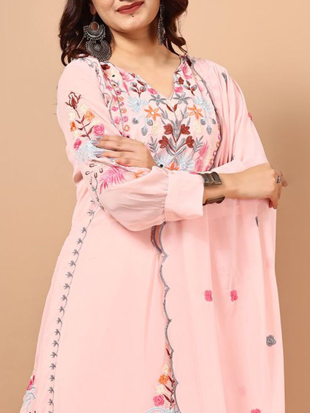 Dhiyona KL Floral Embroidered Thread Work Georgette Straight Kurta with Palazzo & Dupatta