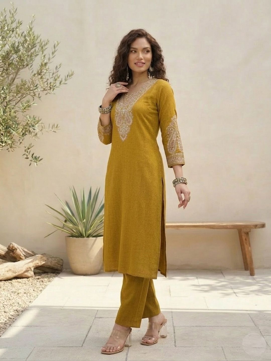 Mustard Women Ethnic Motifs Embroidered Regular Thread Work Kurta with Trousers