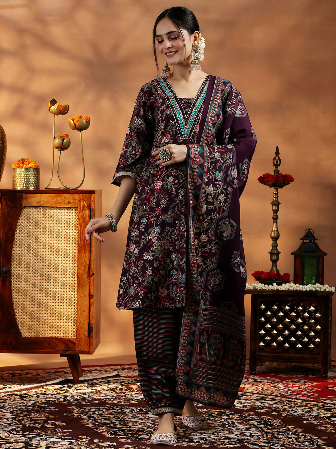 Women's LB Wine Printed Silk Blend A-Line Kurta With Salwar & Dupatta