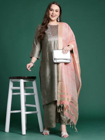 Women's Plus Size Grey Embroidered Straight Kurta Palazzos With Dupatta Set