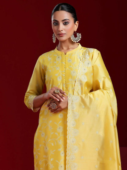 Women's LB Art Yellow Embroidered Chanderi Silk Straight Suit With Dupatta