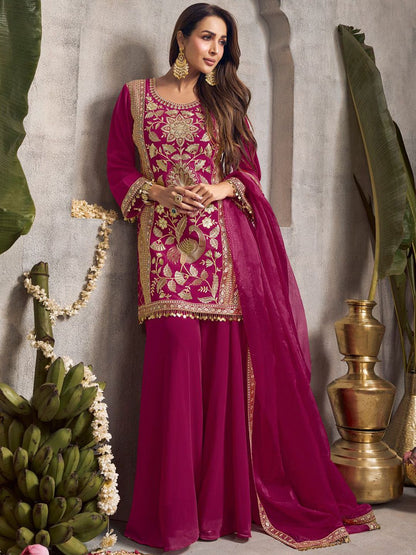 Dhiyona IN Floral Embroidered Sequinned Kurta With Palazzos & Dupatta