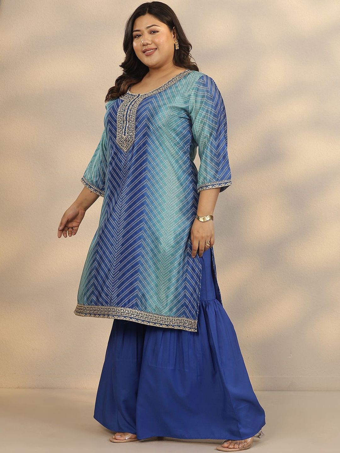Dhiyona Women's Plus Size Geometric Printed Straight Kurta With Sharara & Dupatta