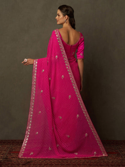 Women's Georgette Pink Embellished Designer Saree With Blouse Piece