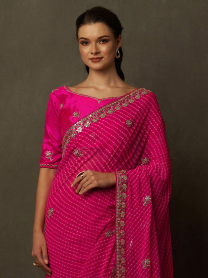 Women's Georgette Pink Embellished Designer Saree With Blouse Piece
