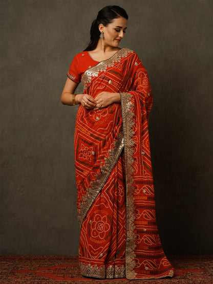Women's Georgette Red Embellished Celebrity Saree With Blouse Piece