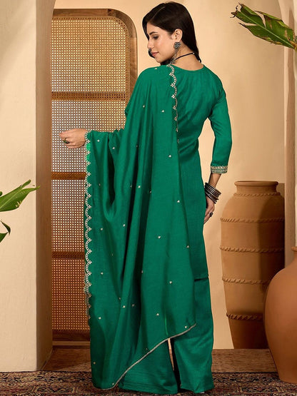 Dhiyona SN Ethnic Motifs Embroidered Thread Work Straight Kurta with Palazzos & Dupatta