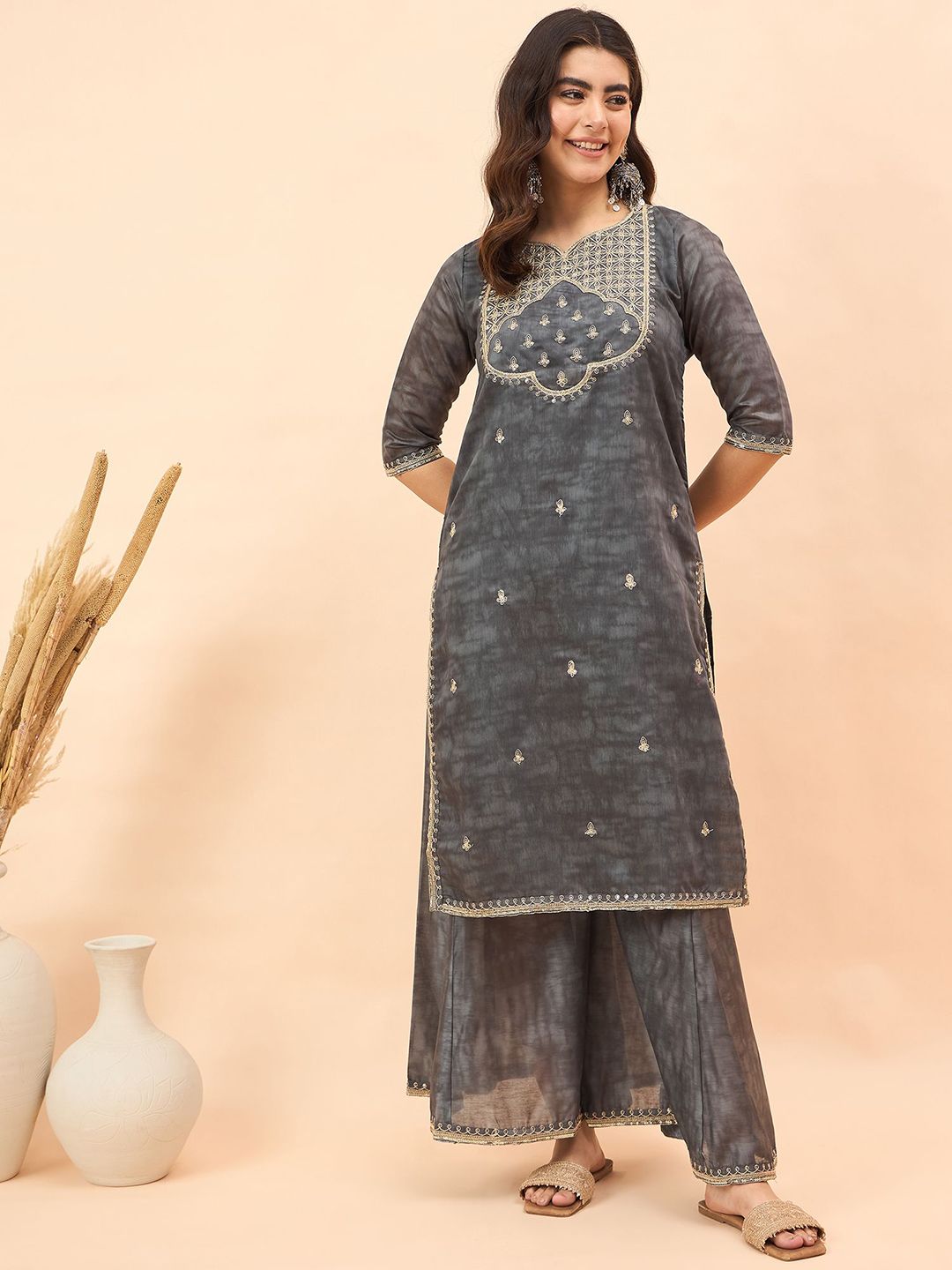 Dhiyona AN Ethnic Motifs Embroidered Chanderi Silk Kurta With Sharara & Dupatta