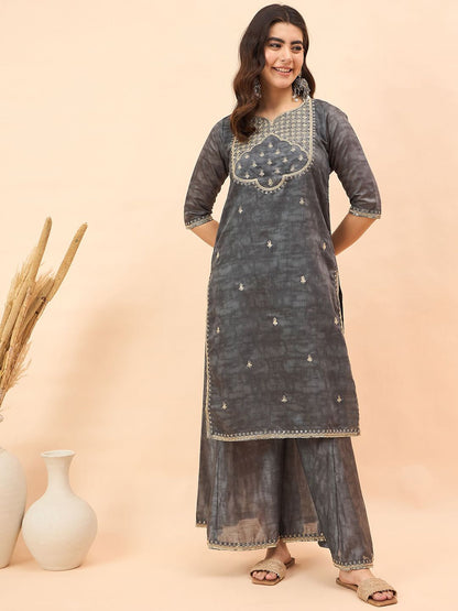 Dhiyona AN Ethnic Motifs Embroidered Chanderi Silk Kurta With Sharara & Dupatta